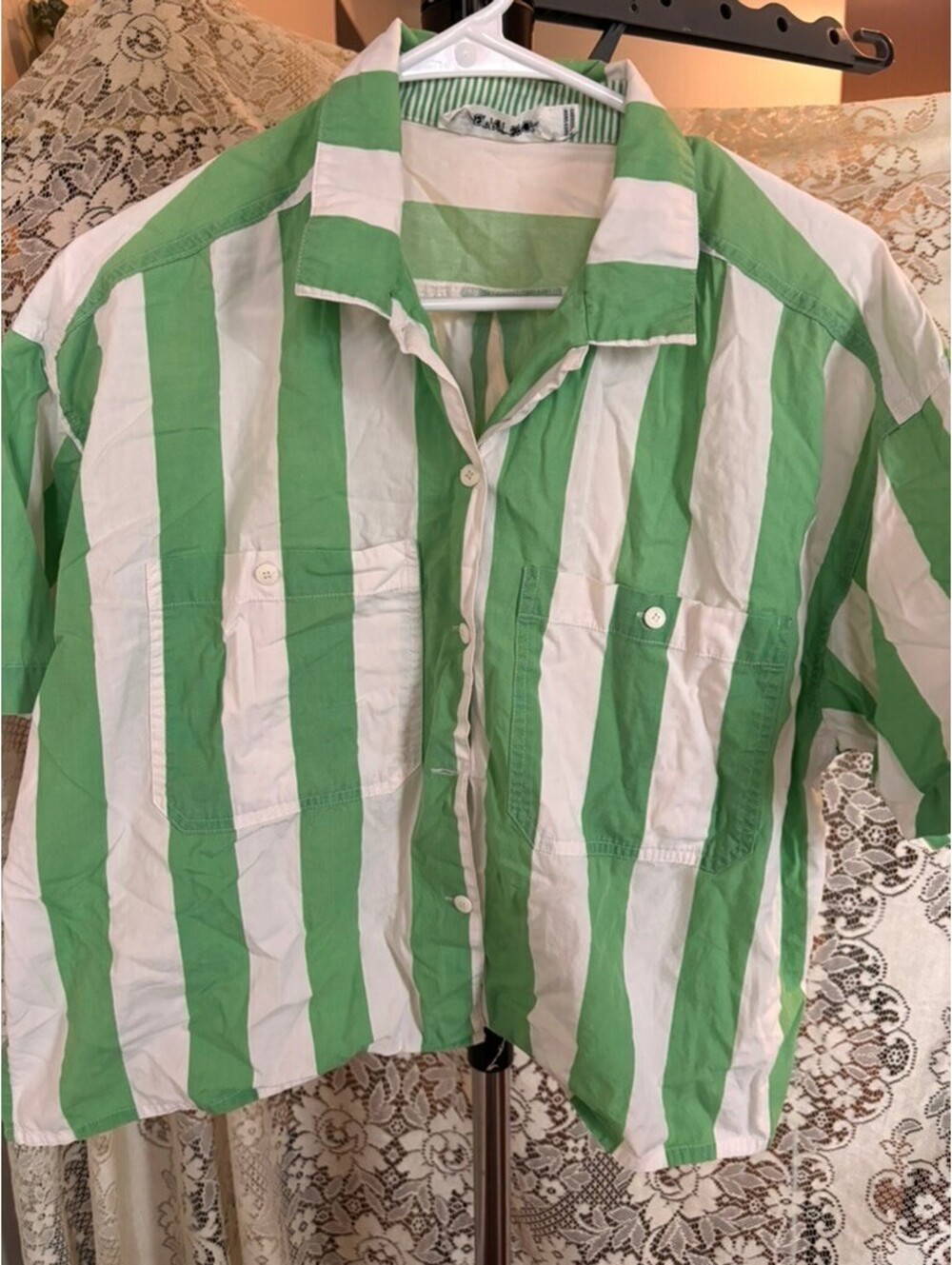 Vintage Esprit Sport Green White Striped Button Front Shirt